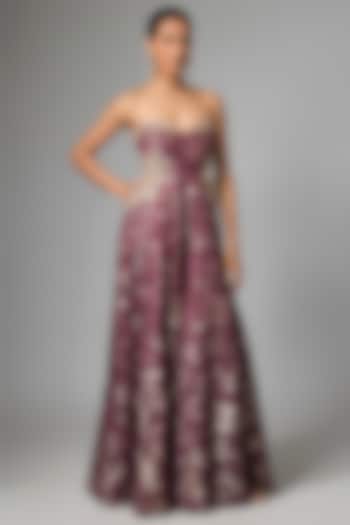 Purple Russian Jacquard Hand Embroidered Corset Jumpsuit by Paulmi & Harsh at Pernia's Pop Up Shop