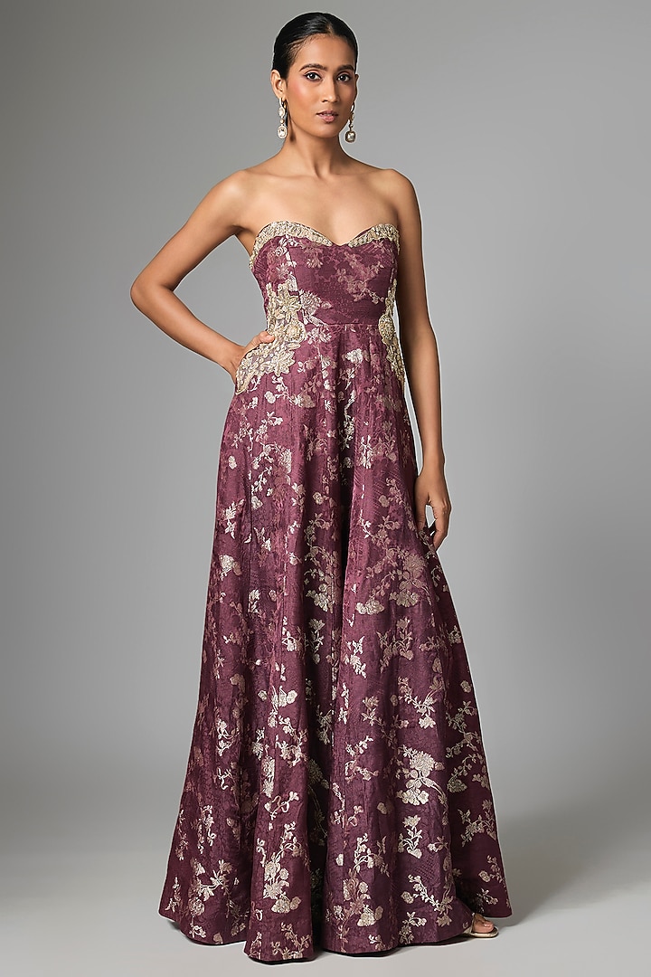 Purple Russian Jacquard Hand Embroidered Corset Jumpsuit by Paulmi & Harsh at Pernia's Pop Up Shop