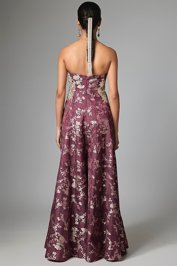 Purple Russian Jacquard Hand Embroidered Corset Jumpsuit by Paulmi & Harsh at Pernia's Pop Up Shop