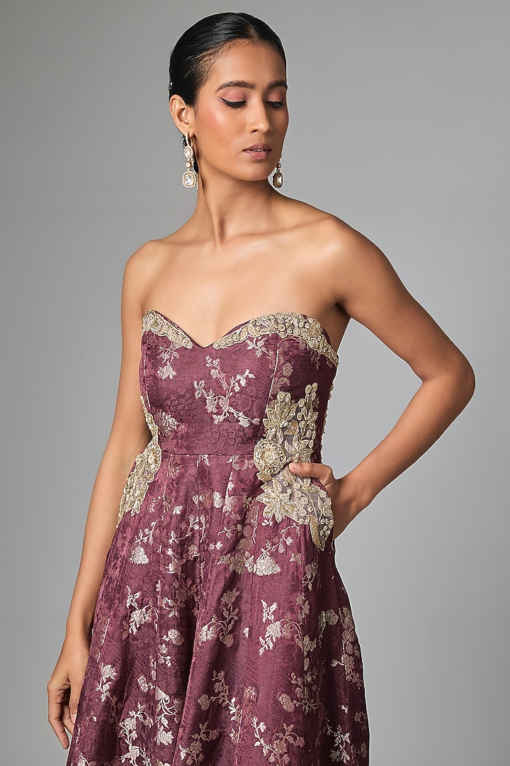 Purple Russian Jacquard Hand Embroidered Corset Jumpsuit by Paulmi & Harsh at Pernia's Pop Up Shop
