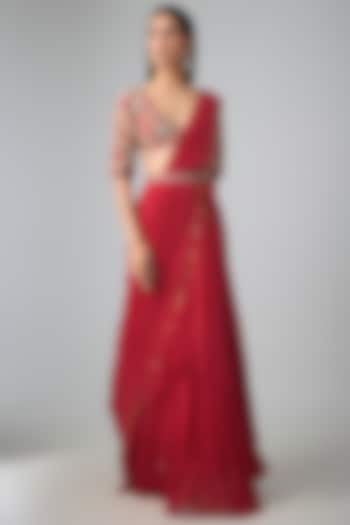 Red Chiffon Hand Embroidered Layered Wedding Saree Set by Paulmi & Harsh at Pernia's Pop Up Shop