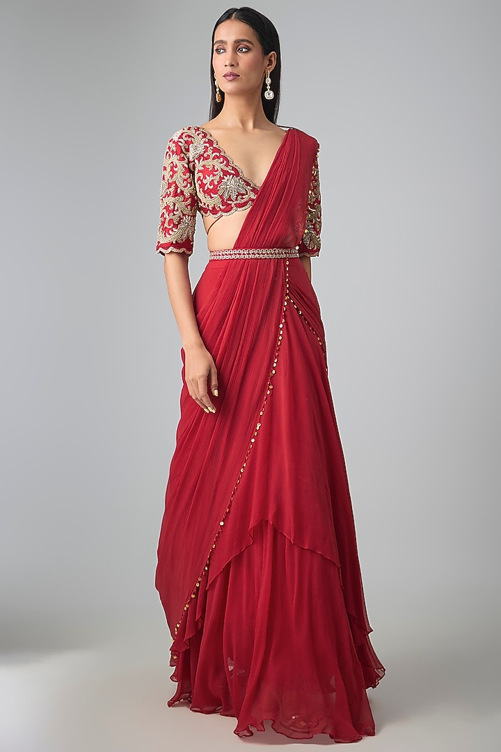 Red Chiffon Hand Embroidered Layered Wedding Saree Set by Paulmi & Harsh at Pernia's Pop Up Shop