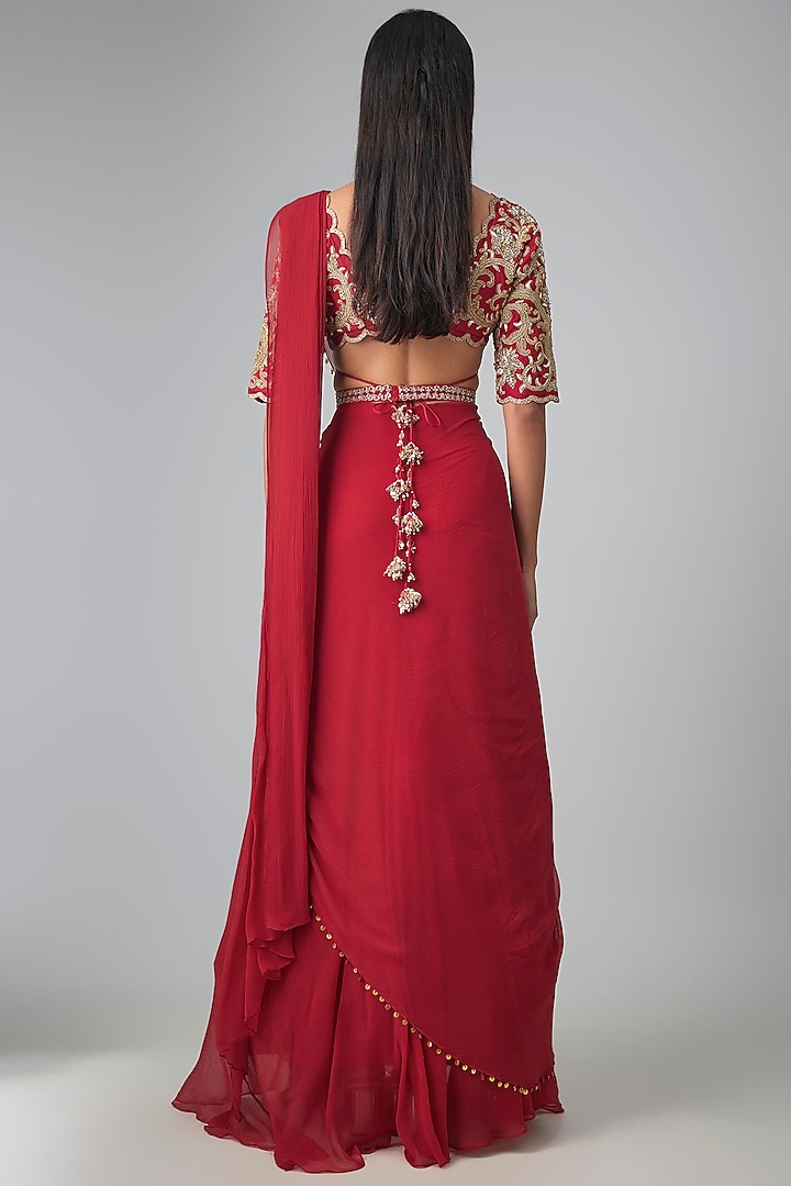 Red Chiffon Hand Embroidered Layered Wedding Saree Set by Paulmi & Harsh at Pernia's Pop Up Shop