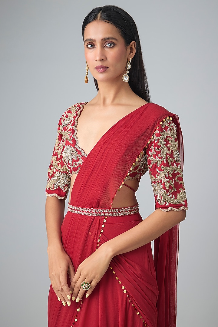 Red Chiffon Hand Embroidered Layered Wedding Saree Set by Paulmi & Harsh at Pernia's Pop Up Shop