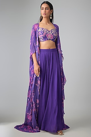 Purple Georgette Printed Jacket Set by Paulmi & Harsh