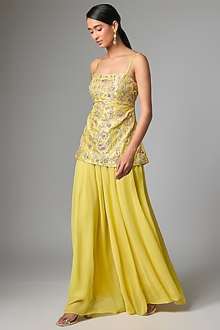 Yellow Georgette Zardosi Embroidered Kurta Set by Paulmi & Harsh