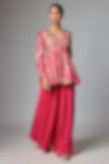 Pink Chiffon Hand Embroidered Palazzo Set by Paulmi & Harsh at Pernia's Pop Up Shop