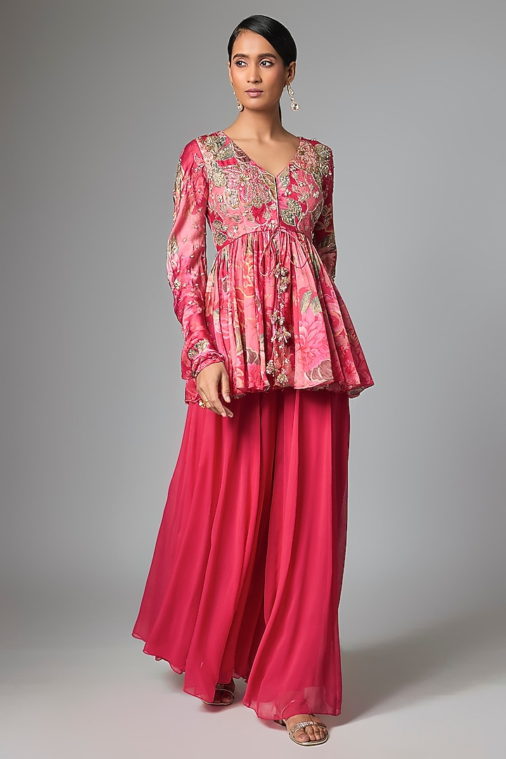 Pink Chiffon Hand Embroidered Palazzo Set by Paulmi & Harsh at Pernia's Pop Up Shop