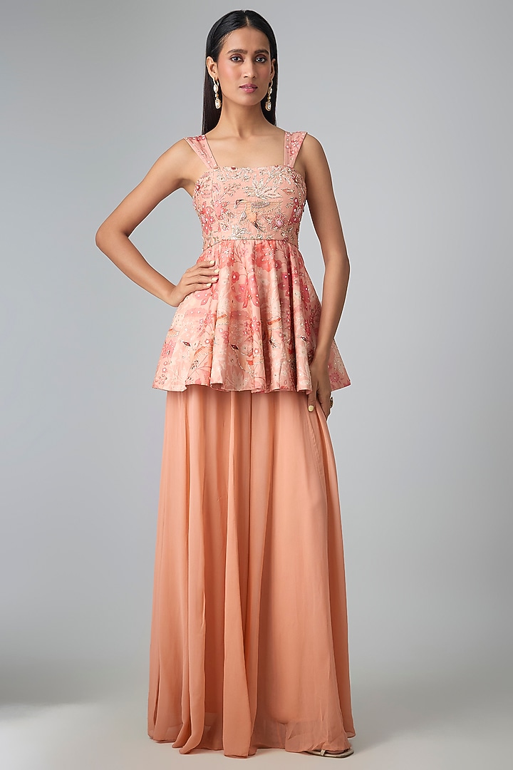 Peach Georgette Palazzo Set by Paulmi & Harsh at Pernia's Pop Up Shop