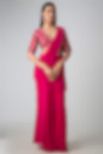 Rani Pink Georgette Pre-Stitched Wedding Saree Set by Paulmi & Harsh at Pernia's Pop Up Shop