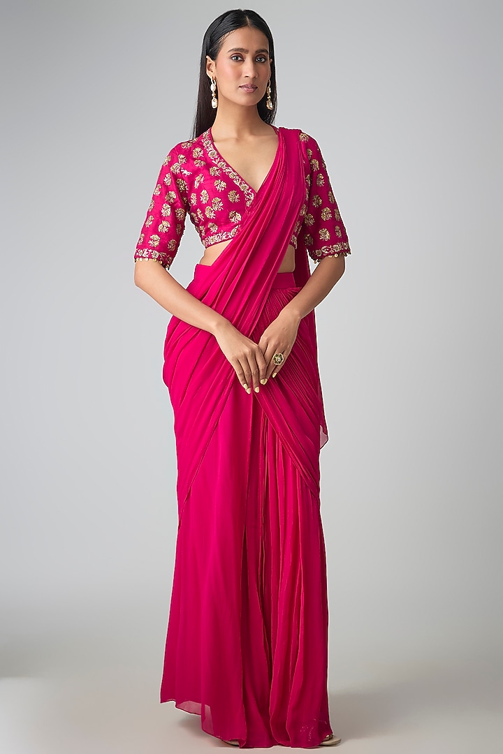 Rani Pink Georgette Pre-Stitched Wedding Saree Set by Paulmi & Harsh at Pernia's Pop Up Shop