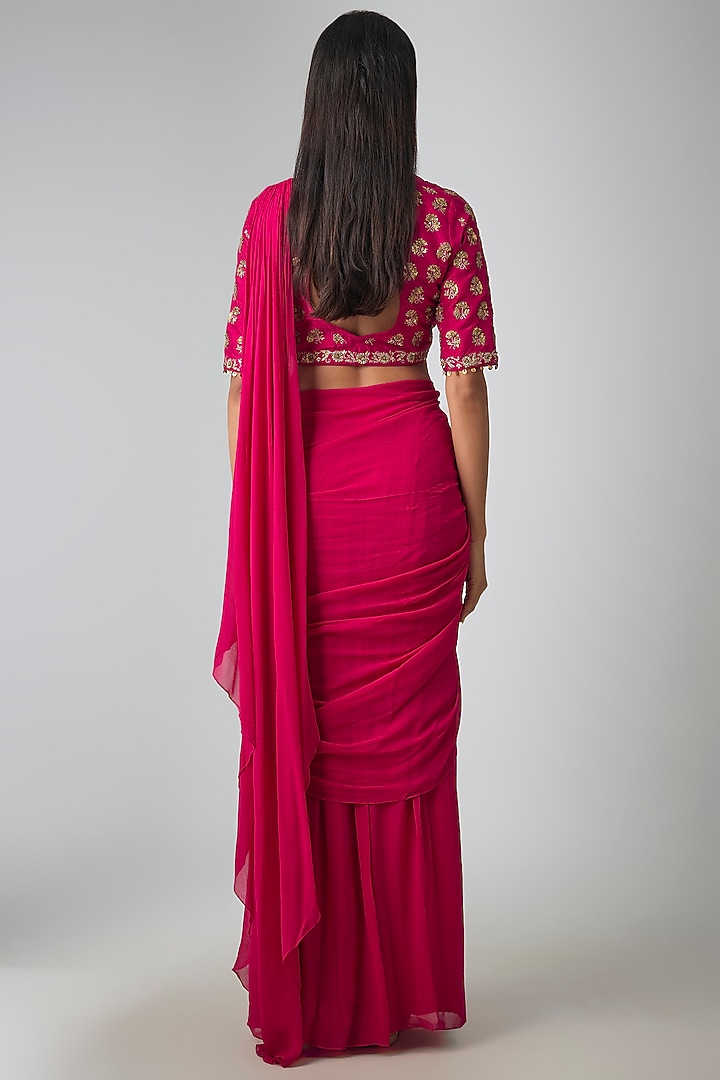 Rani Pink Georgette Pre-Stitched Wedding Saree Set by Paulmi & Harsh at Pernia's Pop Up Shop