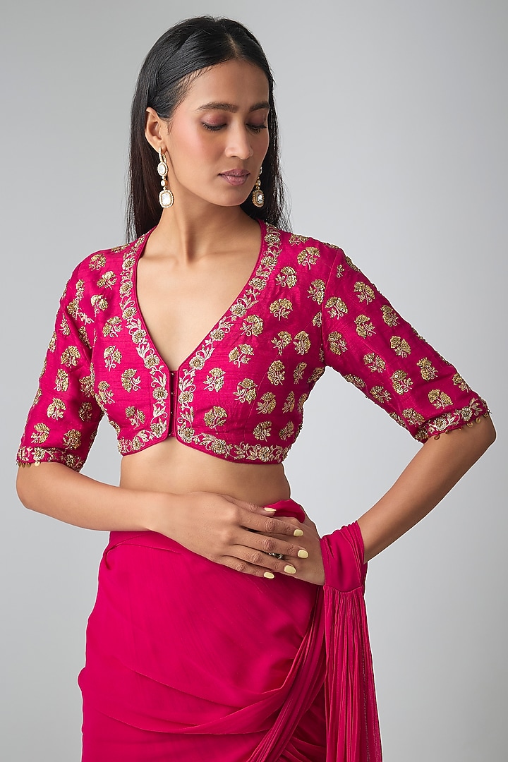 Rani Pink Georgette Pre-Stitched Wedding Saree Set by Paulmi & Harsh at Pernia's Pop Up Shop