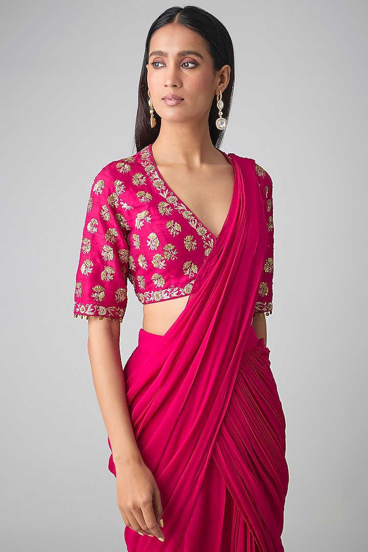 Rani Pink Georgette Pre-Stitched Wedding Saree Set by Paulmi & Harsh at Pernia's Pop Up Shop