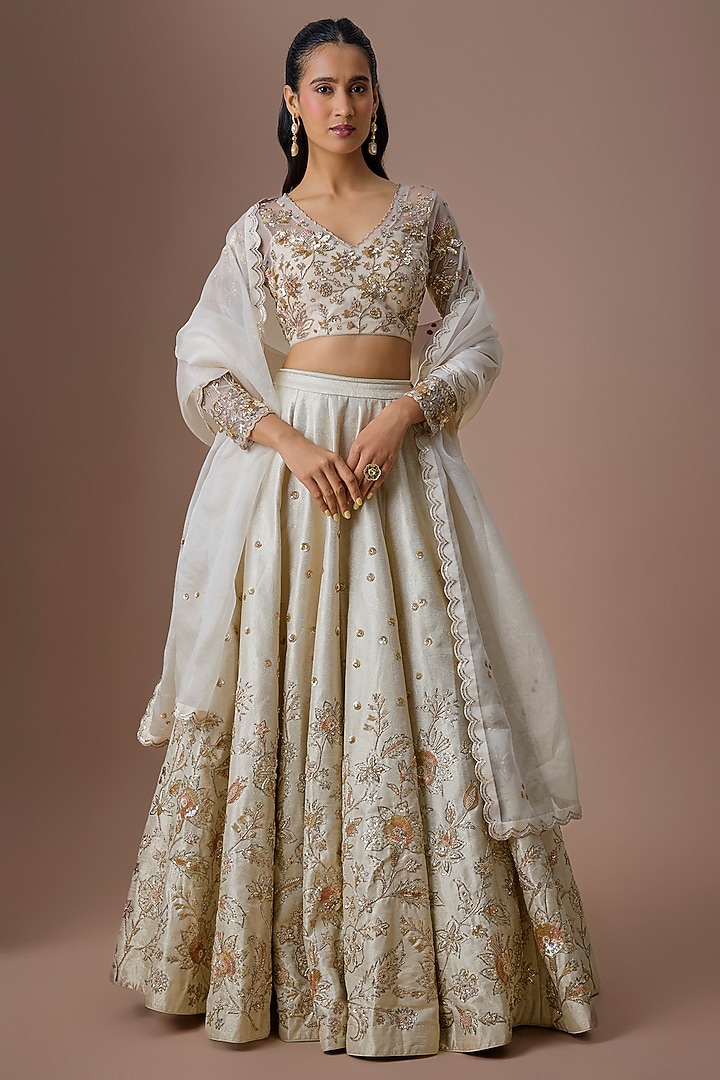 Ivory Organza Embroidered Bridal Lehenga Set by Paulmi & Harsh at Pernia's Pop Up Shop
