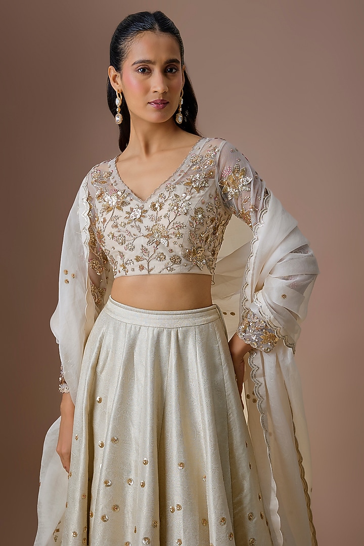 Ivory Organza Embroidered Bridal Lehenga Set by Paulmi & Harsh at Pernia's Pop Up Shop