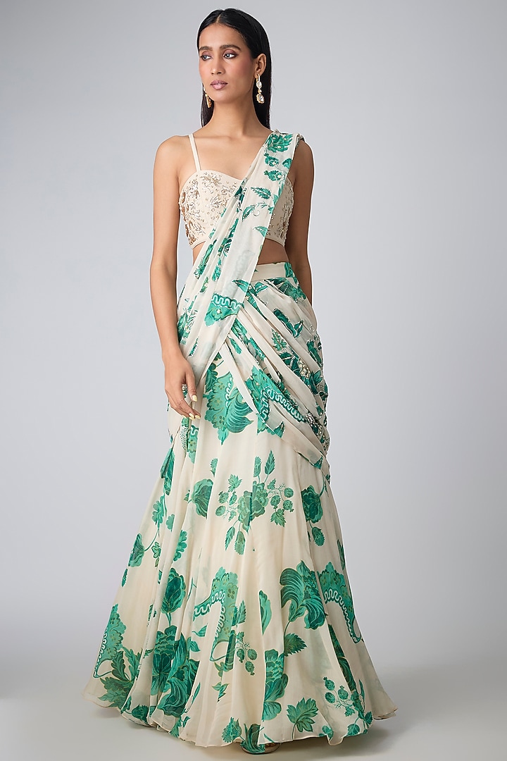 Ivory Georgette Floral Printed Pre-Stitched Wedding Saree Set by Paulmi & Harsh at Pernia's Pop Up Shop