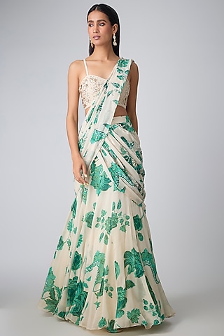 Ivory Georgette Floral Printed Pre-Stitched Saree Set by Paulmi & Harsh
