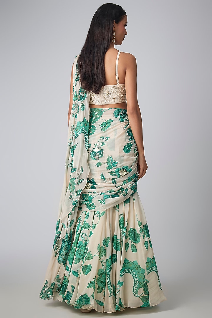 Ivory Georgette Floral Printed Pre-Stitched Wedding Saree Set by Paulmi & Harsh at Pernia's Pop Up Shop
