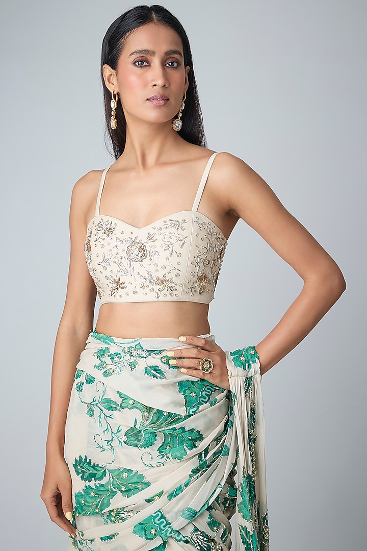 Ivory Georgette Floral Printed Pre-Stitched Wedding Saree Set by Paulmi & Harsh at Pernia's Pop Up Shop