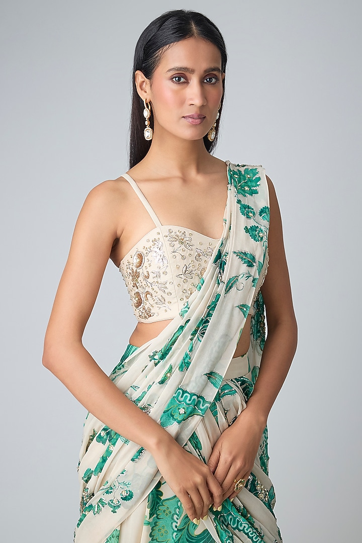 Ivory Georgette Floral Printed Pre-Stitched Wedding Saree Set by Paulmi & Harsh at Pernia's Pop Up Shop