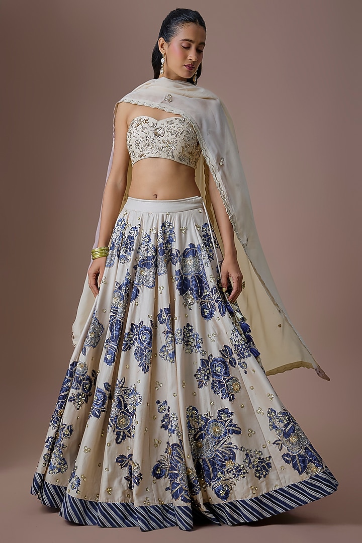 Ivory & Blue Organza Embroidered Wedding Lehenga Set by Paulmi & Harsh at Pernia's Pop Up Shop