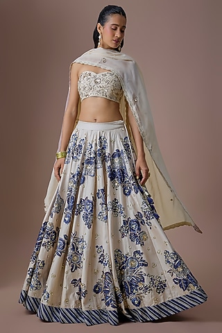 Ivory & Blue Organza Embroidered Lehenga Set by Paulmi & Harsh