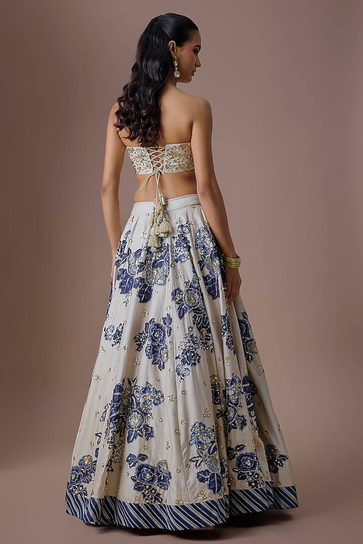 Ivory & Blue Organza Embroidered Wedding Lehenga Set by Paulmi & Harsh at Pernia's Pop Up Shop