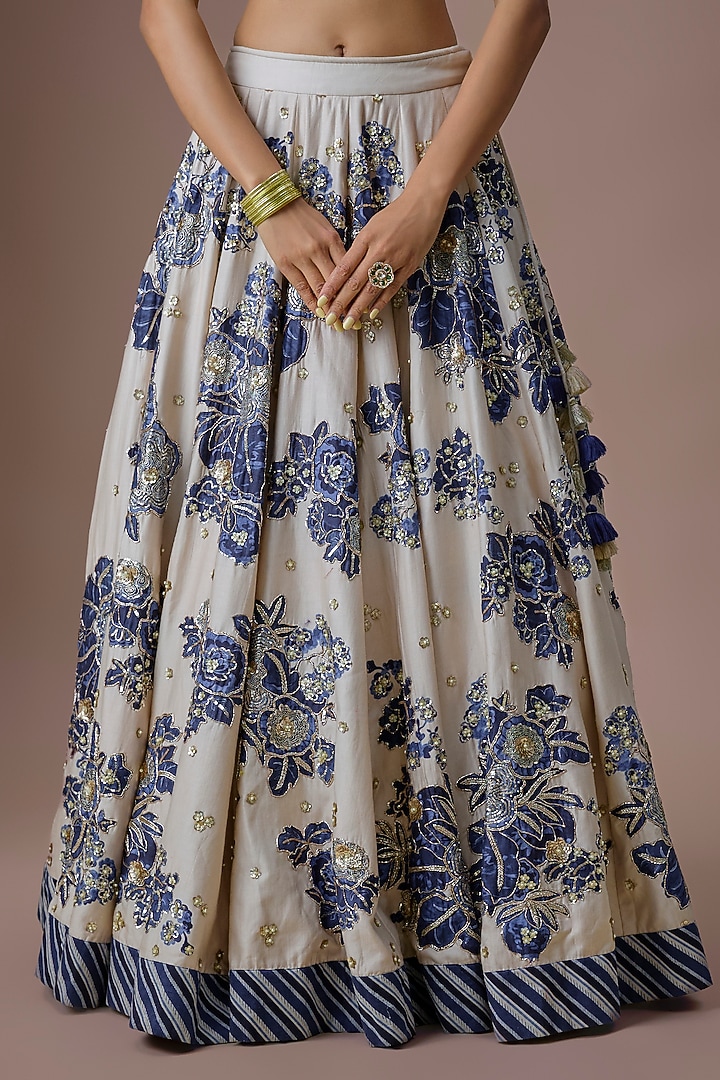 Ivory & Blue Organza Embroidered Wedding Lehenga Set by Paulmi & Harsh at Pernia's Pop Up Shop