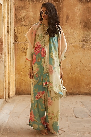 Ivory & Ice Blue Habutai Floral Printed Co-Ord Set by Paulmi & Harsh