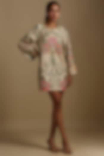 White & Green Chiniya Silk Placement Printed Mini Cocktail Dress by Paulmi & Harsh at Pernia's Pop Up Shop