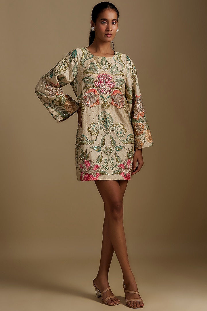 White & Green Chiniya Silk Placement Printed Mini Cocktail Dress by Paulmi & Harsh at Pernia's Pop Up Shop