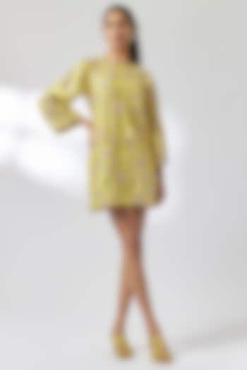 Lime Yellow Raw Silk Hand Embroidered Mini Party Wear Dress by Paulmi & Harsh at Pernia's Pop Up Shop