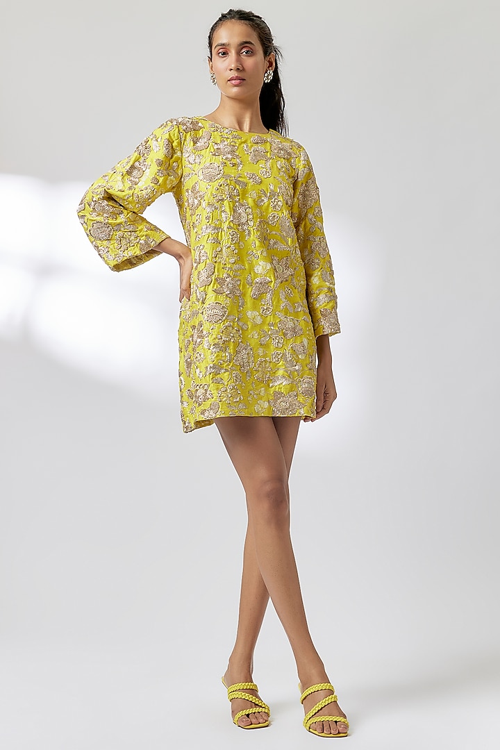 Lime Yellow Raw Silk Hand Embroidered Mini Party Wear Dress by Paulmi & Harsh at Pernia's Pop Up Shop