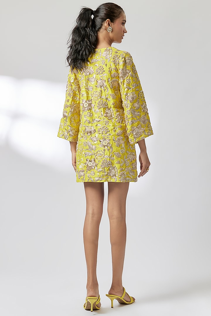Lime Yellow Raw Silk Hand Embroidered Mini Party Wear Dress by Paulmi & Harsh at Pernia's Pop Up Shop