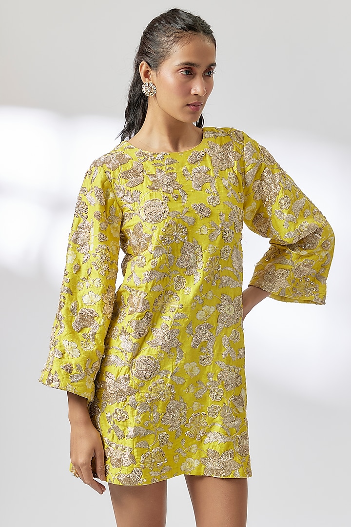 Lime Yellow Raw Silk Hand Embroidered Mini Party Wear Dress by Paulmi & Harsh at Pernia's Pop Up Shop