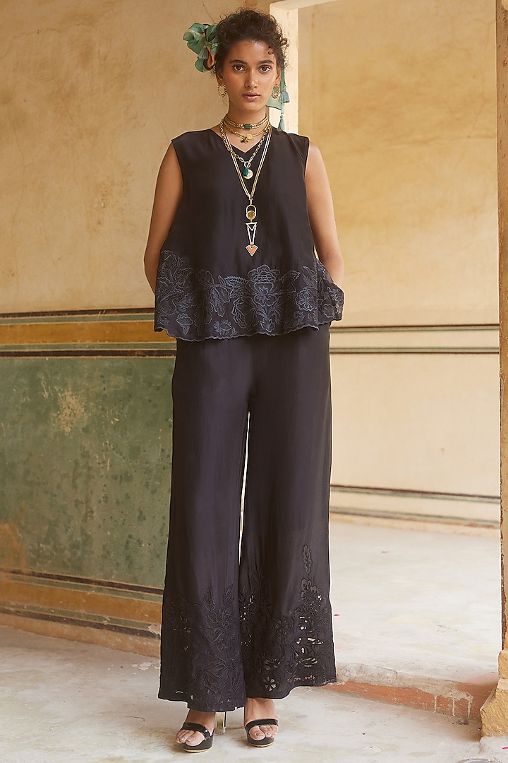 Black Silk Organza Cutwork Embroidered Co-ord Set by Paulmi & Harsh at Pernia's Pop Up Shop