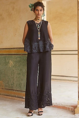 Black Silk Organza Cutwork Embroidered Co-ord Set by Paulmi & Harsh