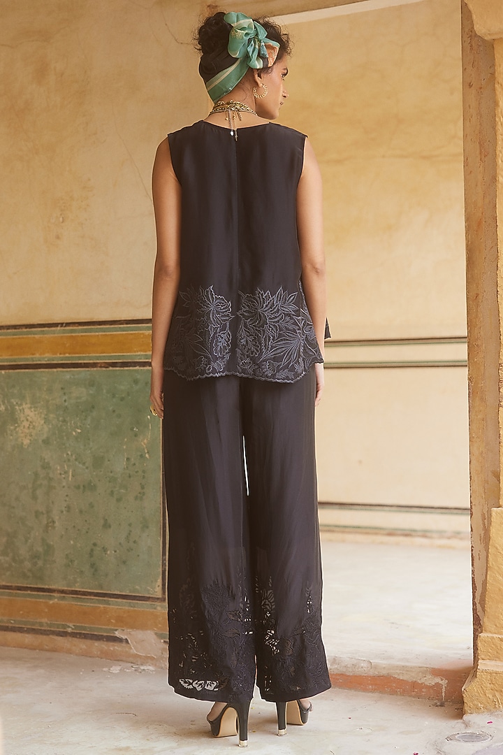 Black Silk Organza Cutwork Embroidered Co-ord Set by Paulmi & Harsh at Pernia's Pop Up Shop