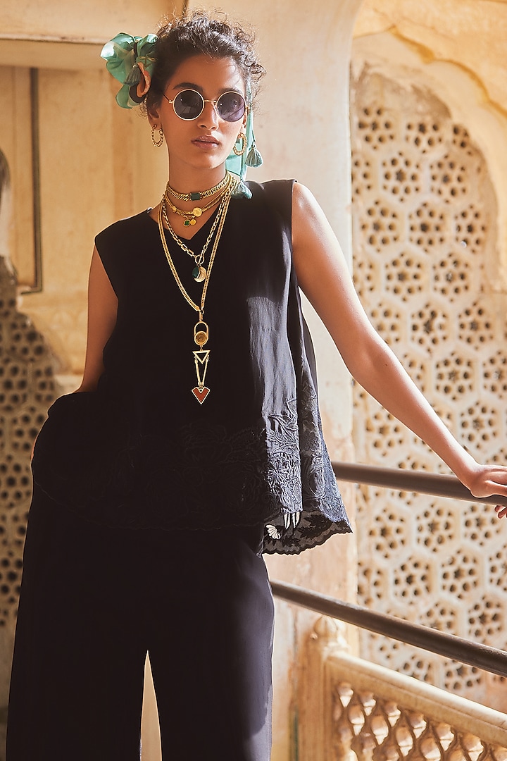 Black Silk Organza Cutwork Embroidered Co-ord Set by Paulmi & Harsh at Pernia's Pop Up Shop