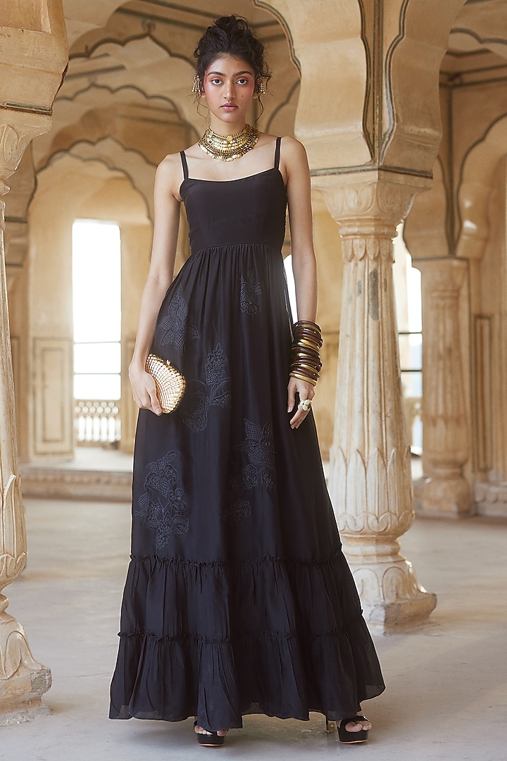 Black Silk Organza Maxi Vacation Dress by Paulmi & Harsh at Pernia's Pop Up Shop