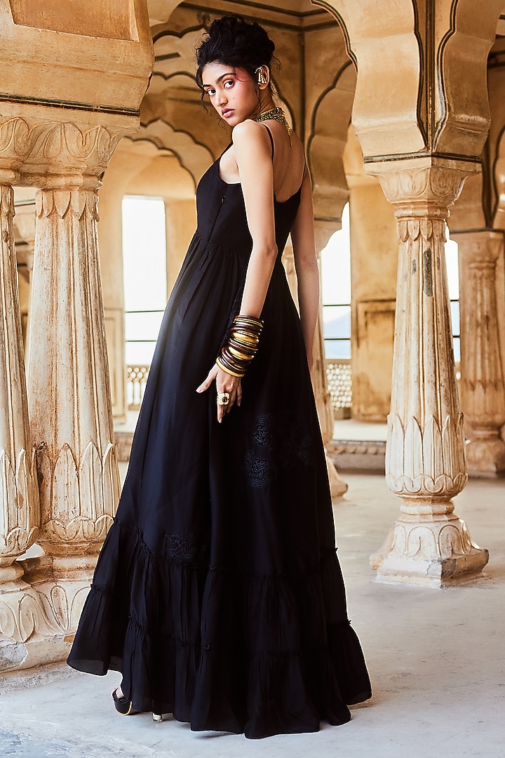 Black Silk Organza Maxi Vacation Dress by Paulmi & Harsh at Pernia's Pop Up Shop