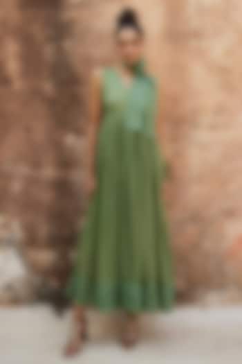 Sage Green Silk Organza Maxi Vacation Dress With Scarf by Paulmi & Harsh at Pernia's Pop Up Shop