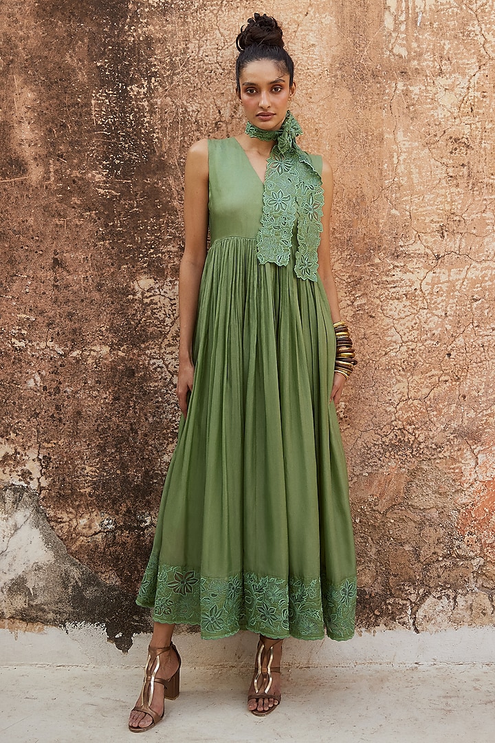 Sage Green Silk Organza Maxi Vacation Dress With Scarf by Paulmi & Harsh at Pernia's Pop Up Shop