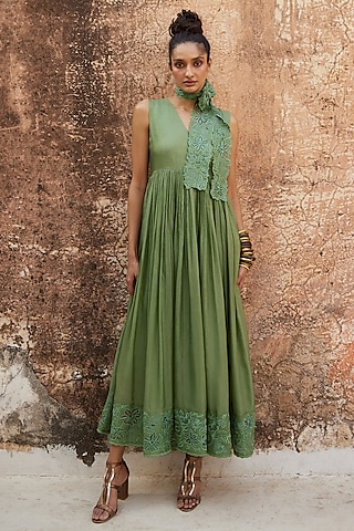 Sage Green Silk Organza Maxi Dress With Scarf by Paulmi & Harsh
