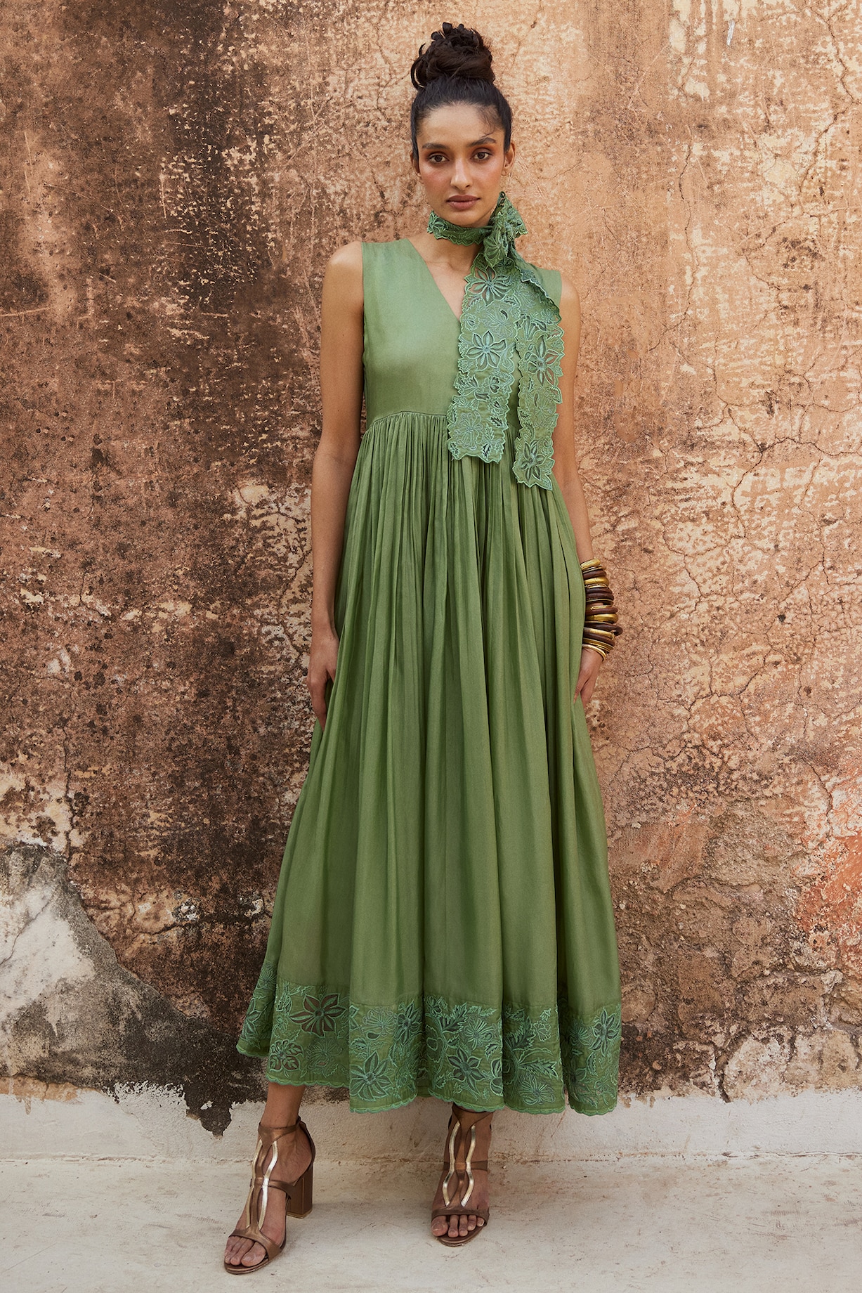 open lace back dress Sea Green Blazer with Organza Ruffle Sleeves