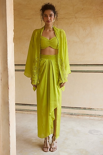 Lemon Yellow Silk Organza Pre-Draped Skirt Set by Paulmi & Harsh at Pernia's Pop Up Shop