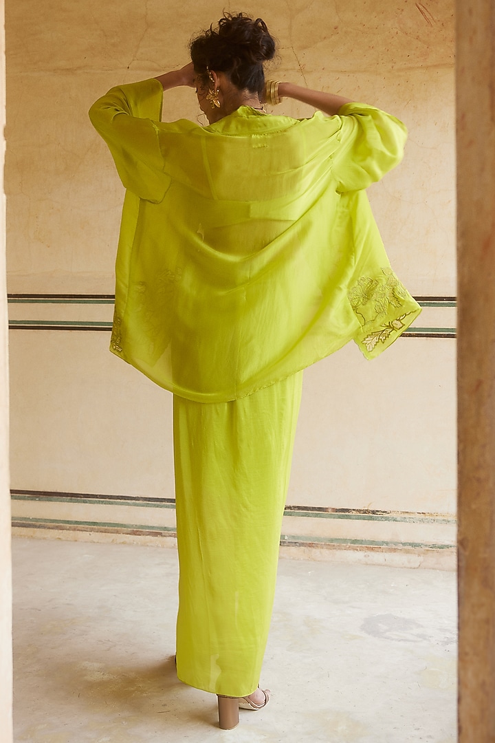 Lemon Yellow Silk Organza Pre-Draped Skirt Set by Paulmi & Harsh at Pernia's Pop Up Shop