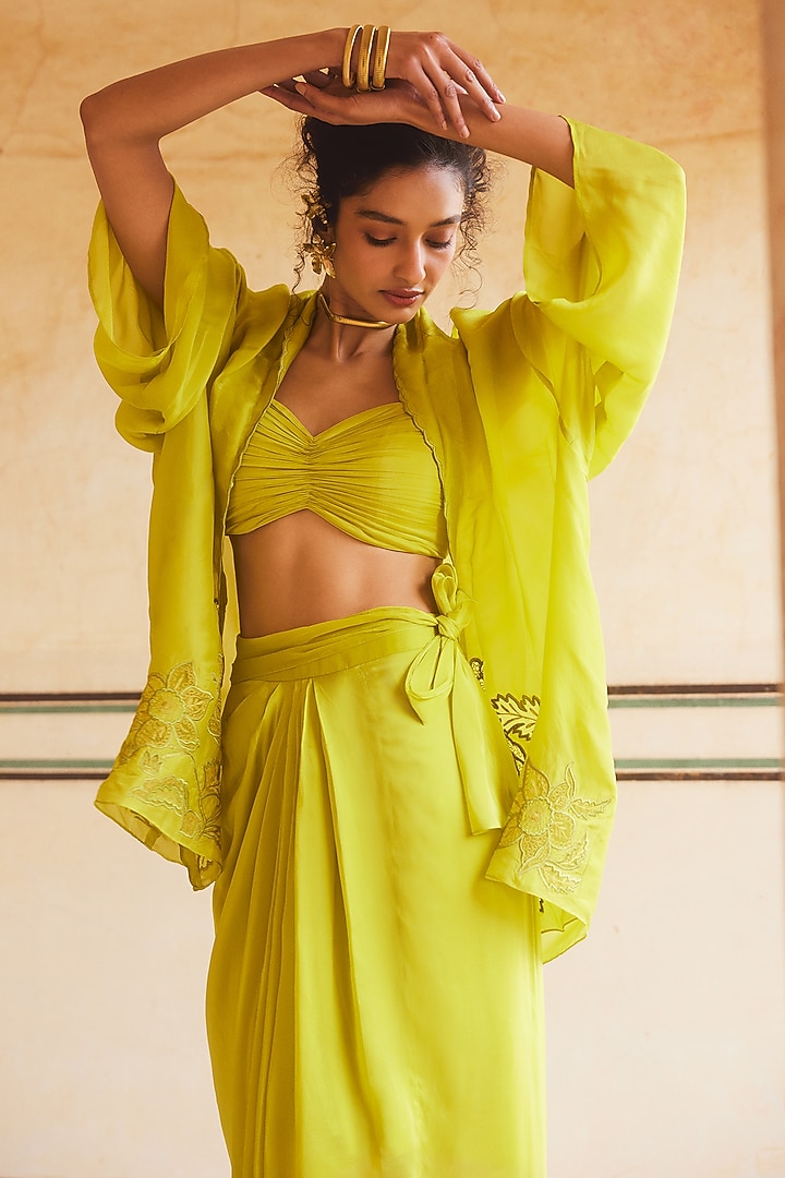 Lemon Yellow Silk Organza Pre-Draped Skirt Set by Paulmi & Harsh at Pernia's Pop Up Shop
