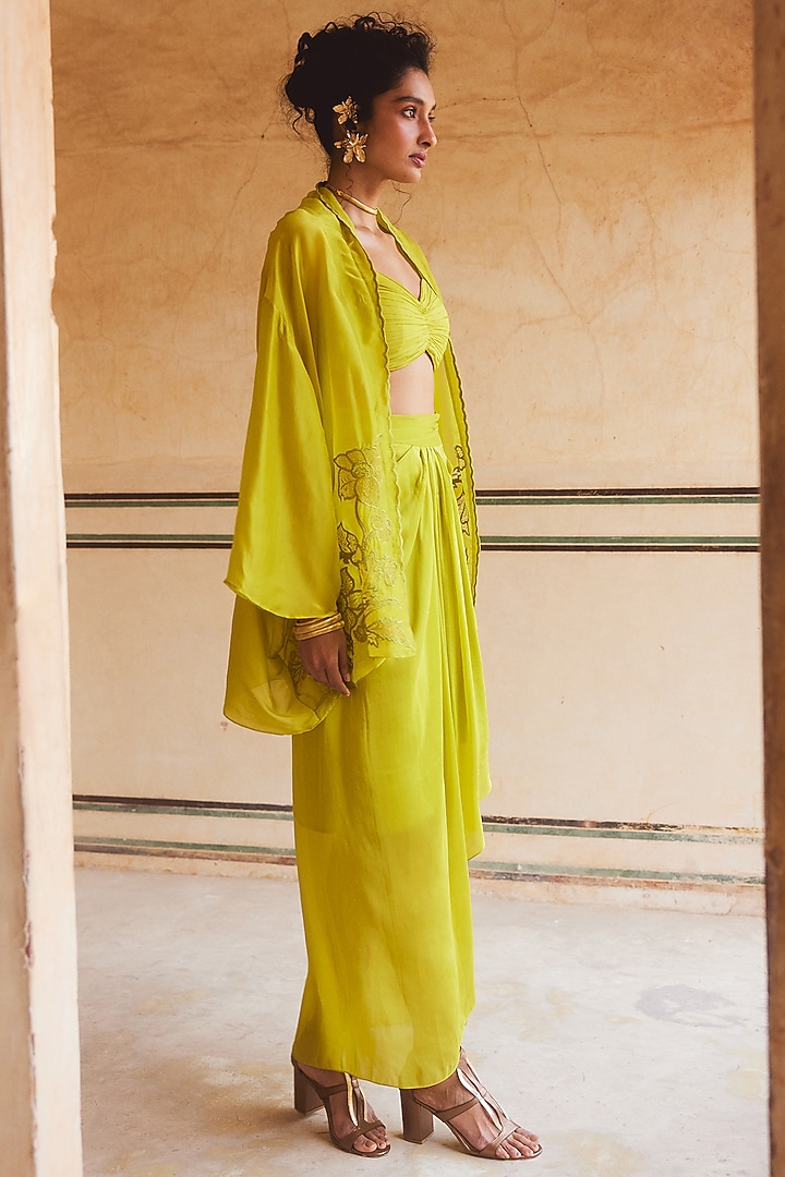 Lemon Yellow Silk Organza Pre-Draped Skirt Set by Paulmi & Harsh at Pernia's Pop Up Shop